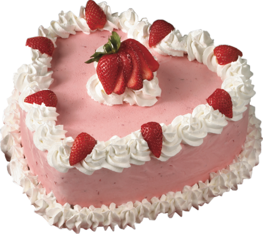 a pink cake with white frosting and strawberries