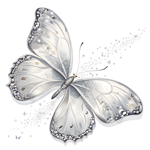 a white butterfly with silver wings and sparkling stars