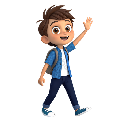 a boy in a blue shirt and jeans is waving