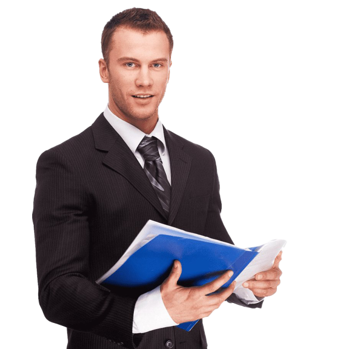 a man in a suit holding a blue folder