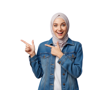 a woman in a denim jacket pointing at the camera