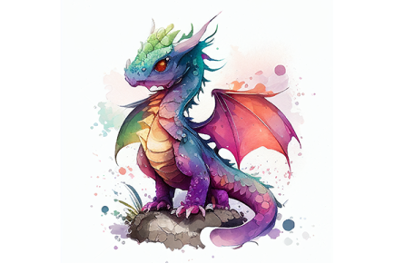 a watercolor painting of a dragon sitting on a rock