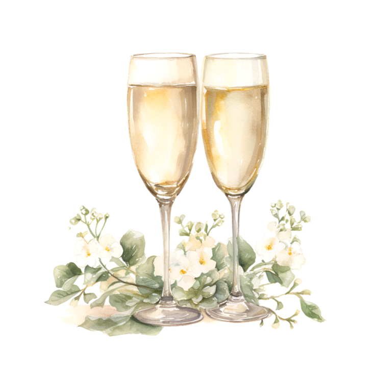 two glasses of champagne with flowers and leaves