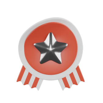 a red and white badge with a star on it