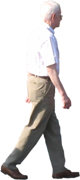 an older man walking on a white background
