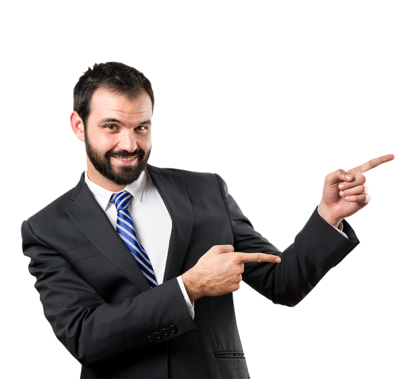 a man in a suit pointing at something