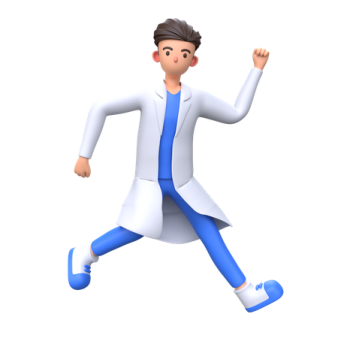 a man in a white lab coat and blue pants