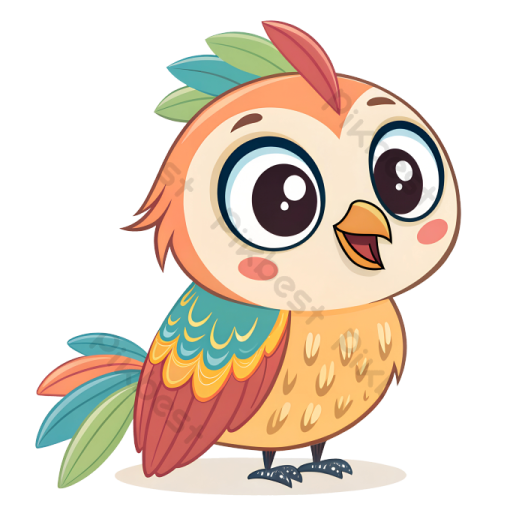 an owl with big eyes and colorful feathers