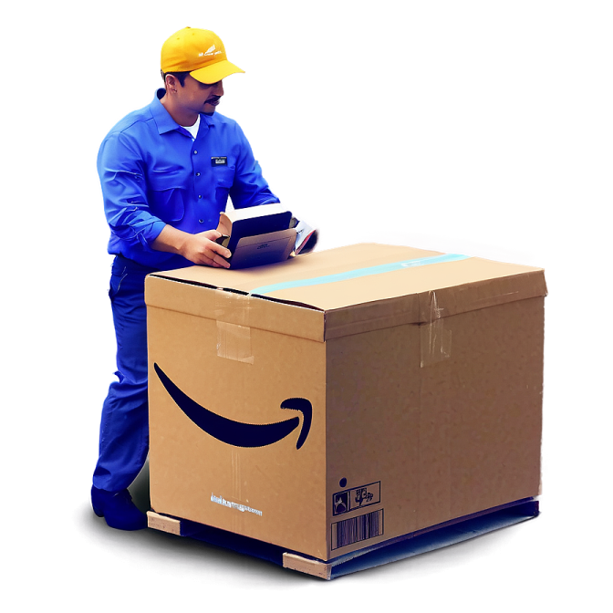 a man standing next to a cardboard box