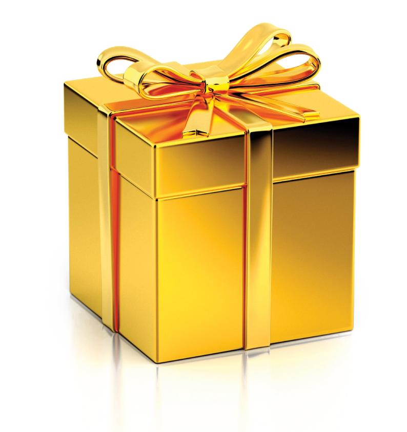 a gold gift box with a bow