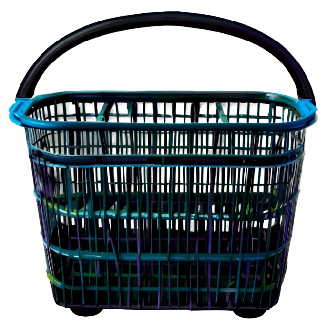 a black basket with blue handles