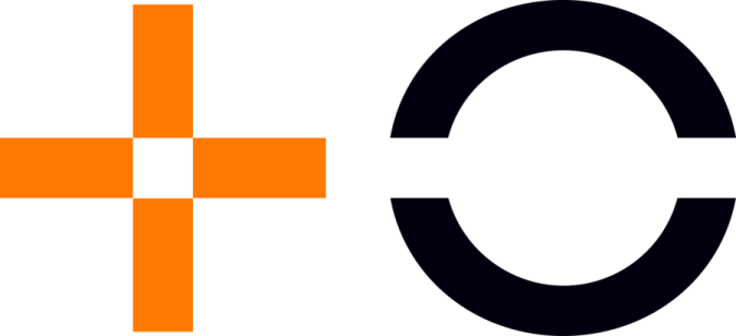 an orange and black logo with the letter o