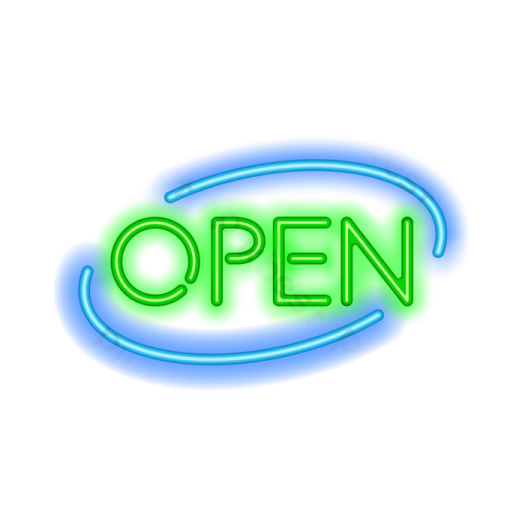an open neon sign on a white background