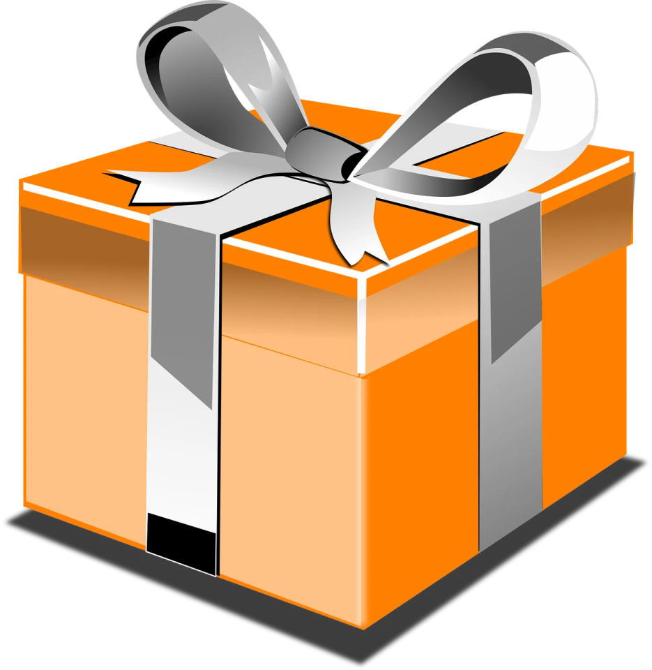 an orange gift box with a silver ribbon
