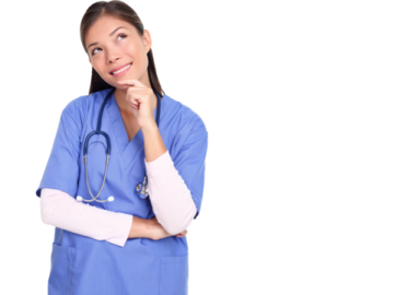 a woman in scrubs with her hand on her chin