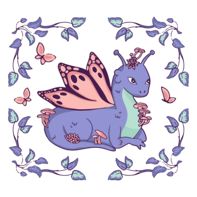 a blue dragon with pink wings and green leaves around it
