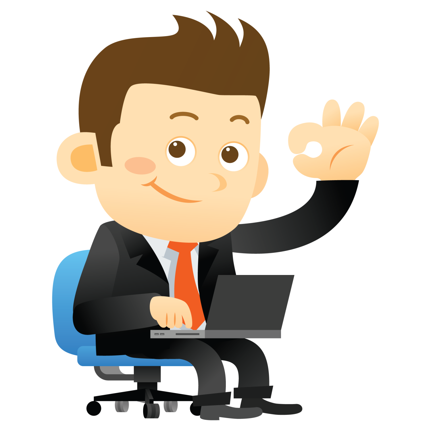 a man in a suit sitting at a desk with his hand up
