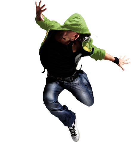 a man wearing a green hoodie jumping in the air