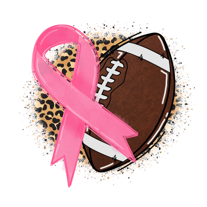 a pink ribbon with a football and leopard print