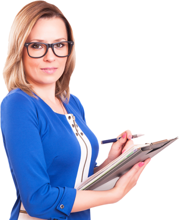 a woman in glasses holding a clipboard