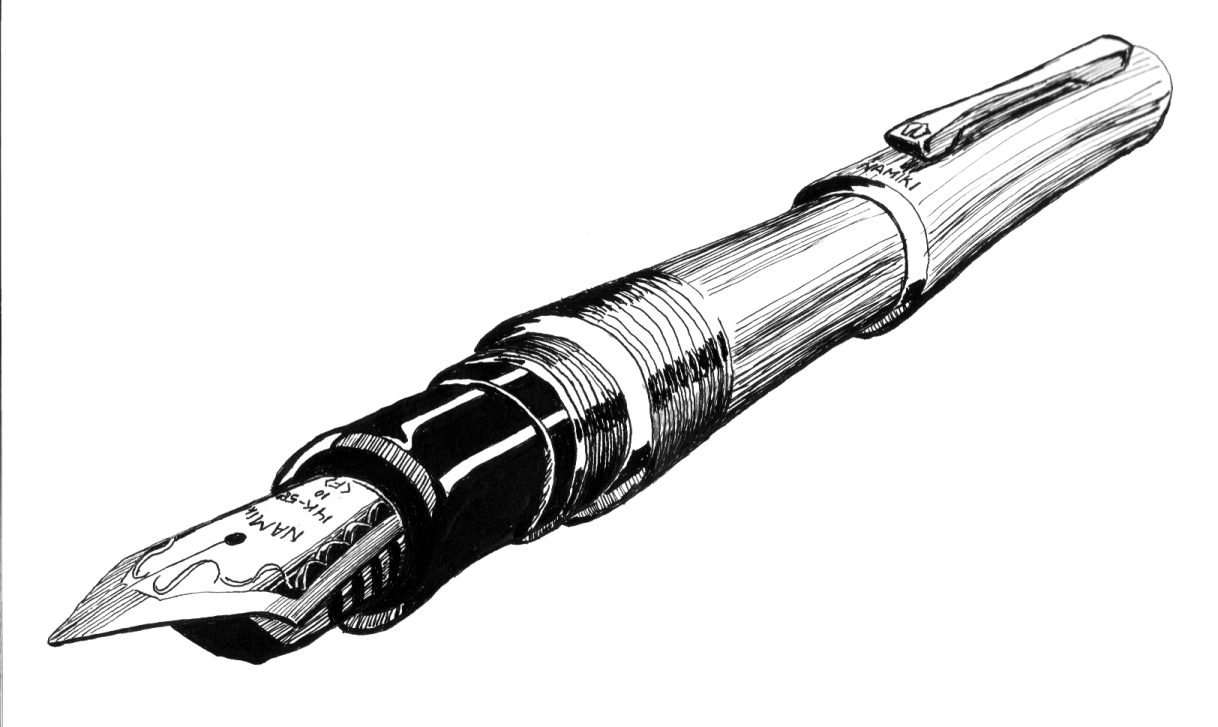 a black and white drawing of a fountain pen