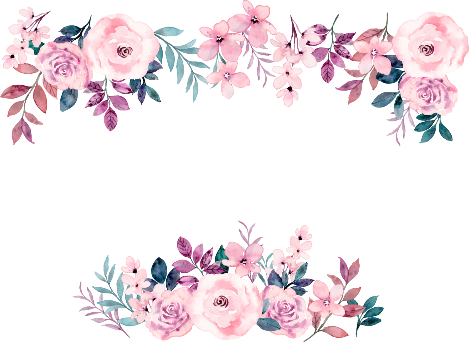 a watercolor floral border with pink flowers and leaves