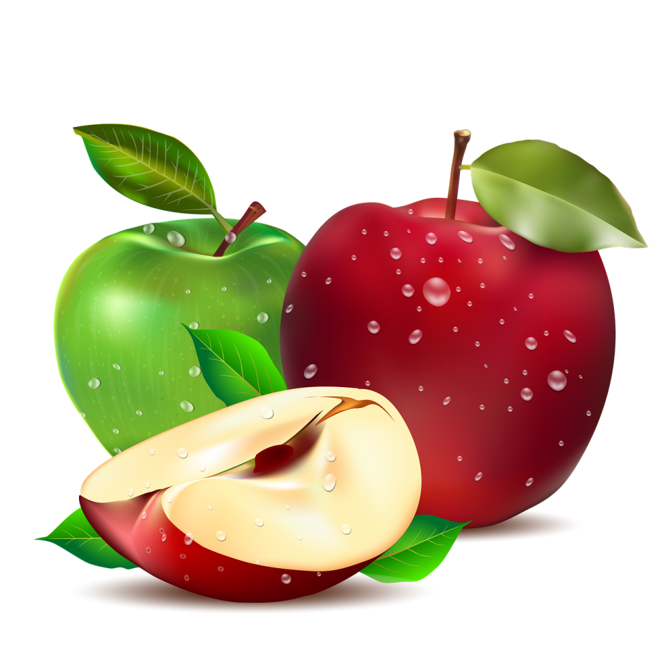 two red apples with green leaves and water drops