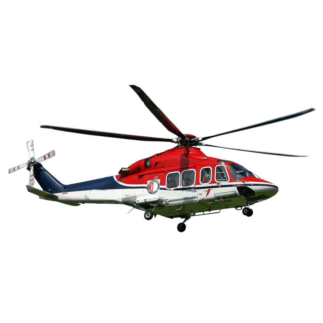a red and white helicopter flying in the sky