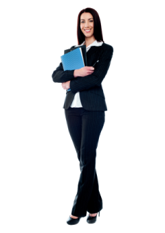 a woman wearing a suit and holding a book