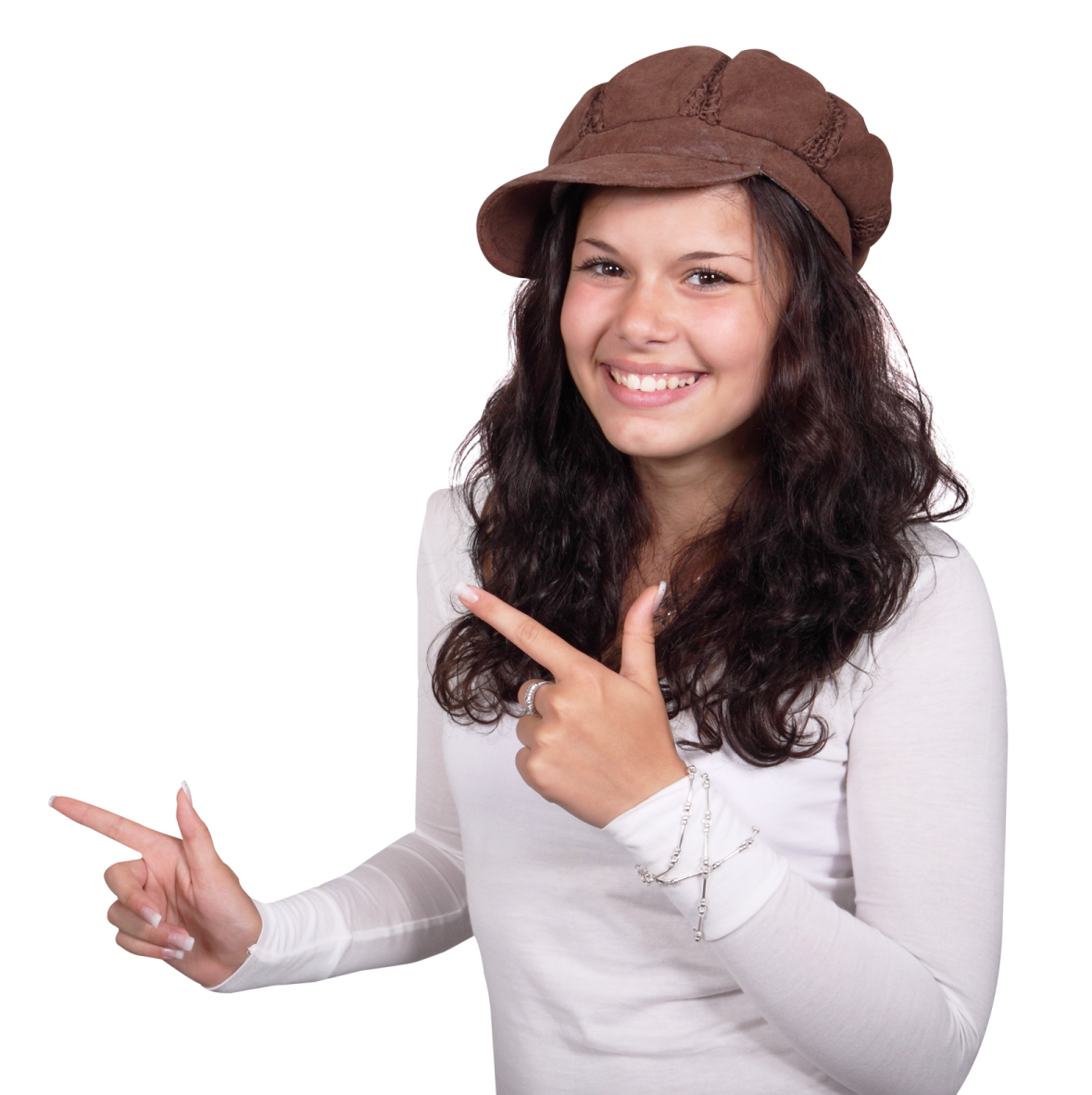 a woman wearing a hat and pointing at the camera