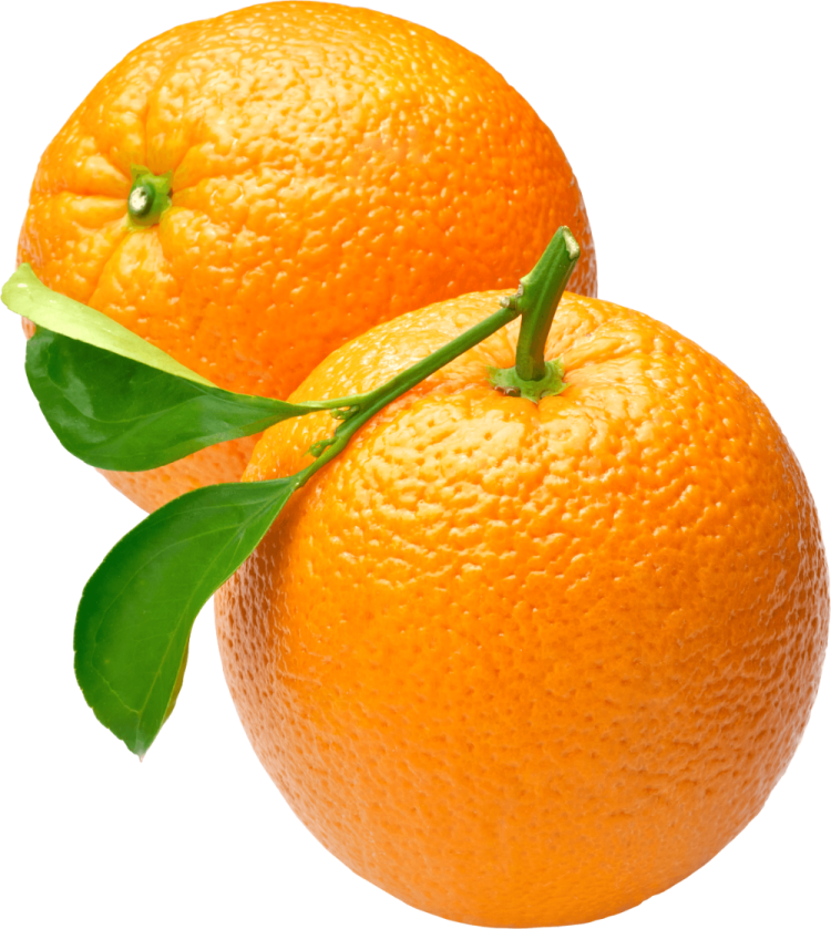 two oranges with green leaves on them