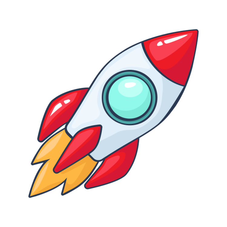 a red and white rocket with a green eye