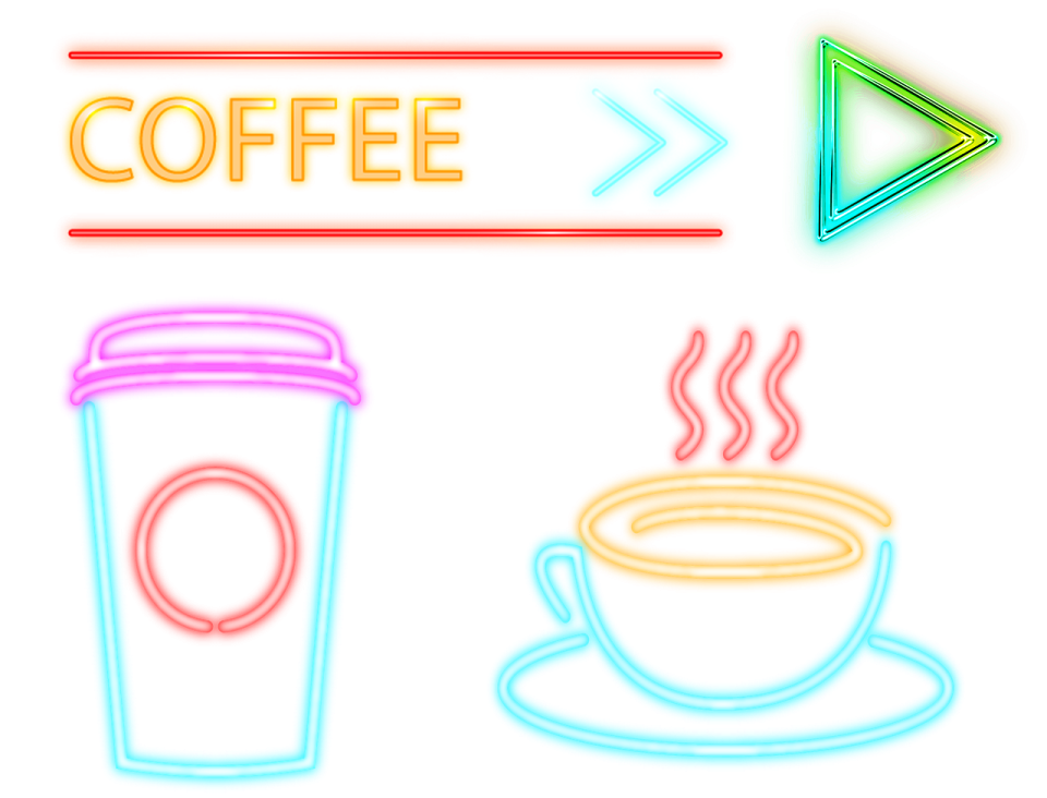 a coffee cup and a neon sign with the word coffee