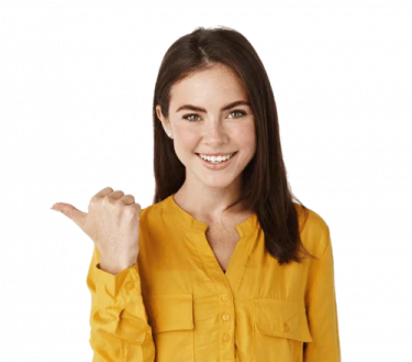 a woman in a yellow shirt points at the camera