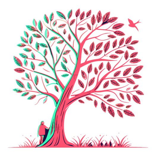 a tree with leaves and birds flying around it