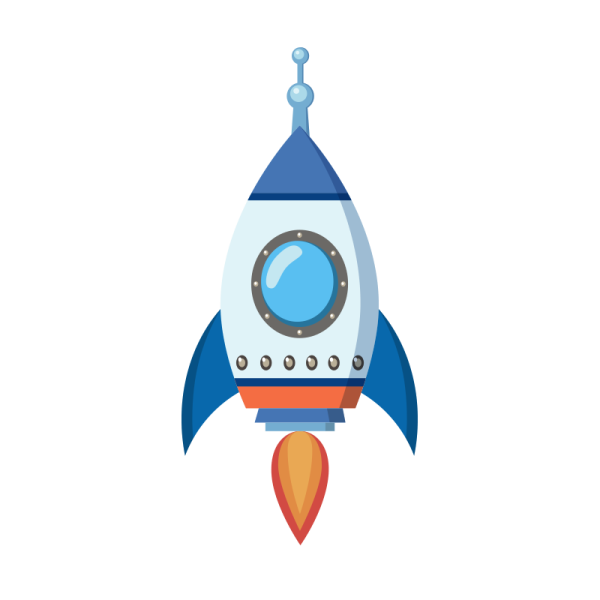 a blue and white rocket with a red tail