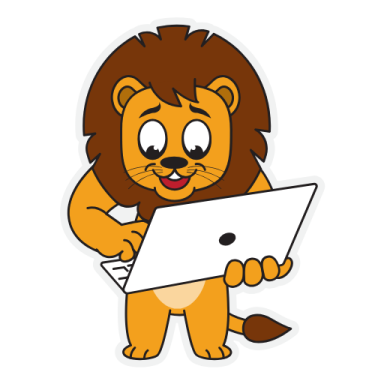 a cartoon lion holding a tablet
