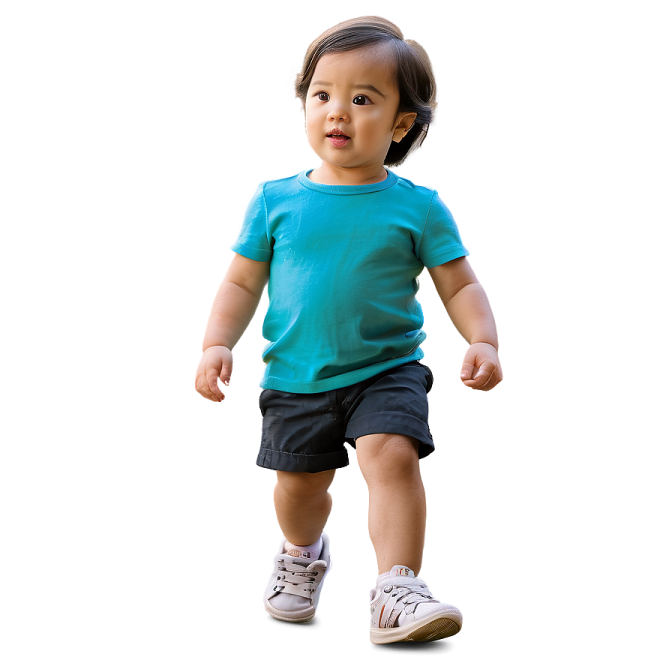 a small child in a blue shirt and black shorts