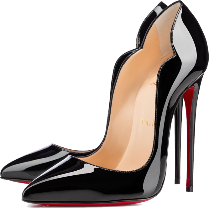 a pair of black shoes with red soles