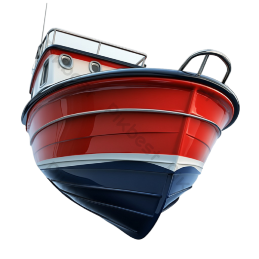 a red, white and blue boat on a white background
