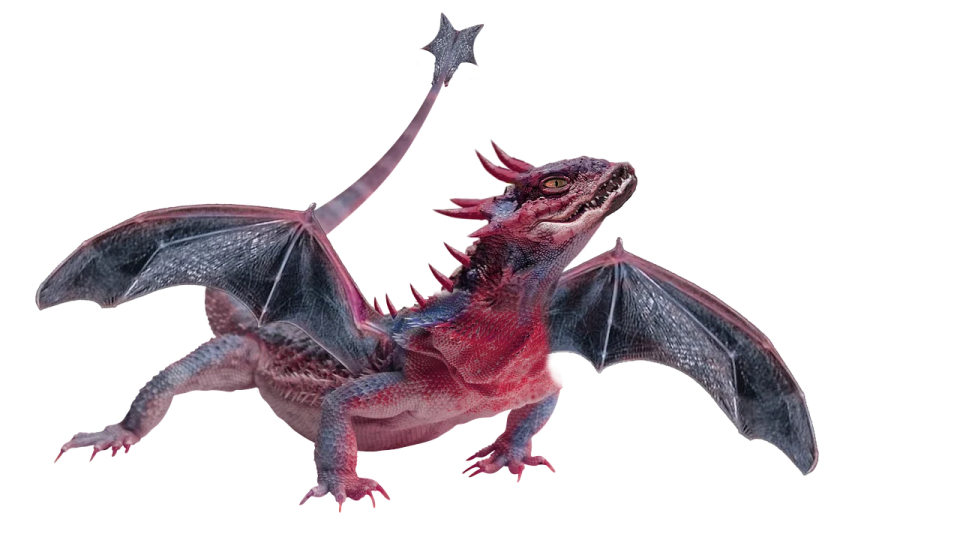 a red and black dragon flying through the air