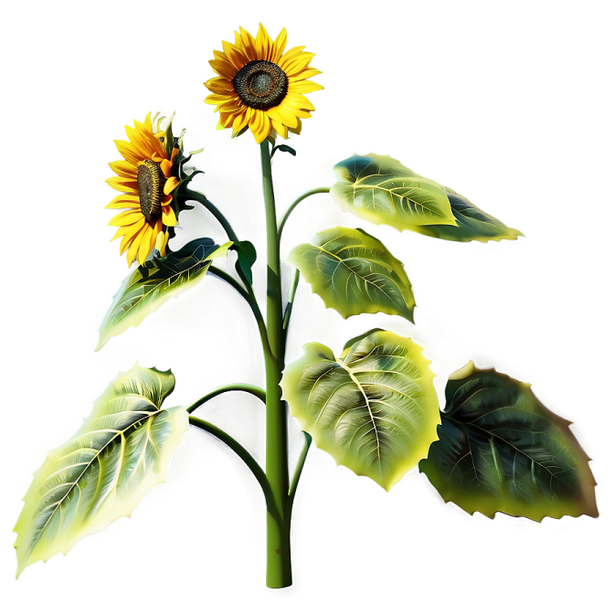 a sunflower with green leaves on a white background
