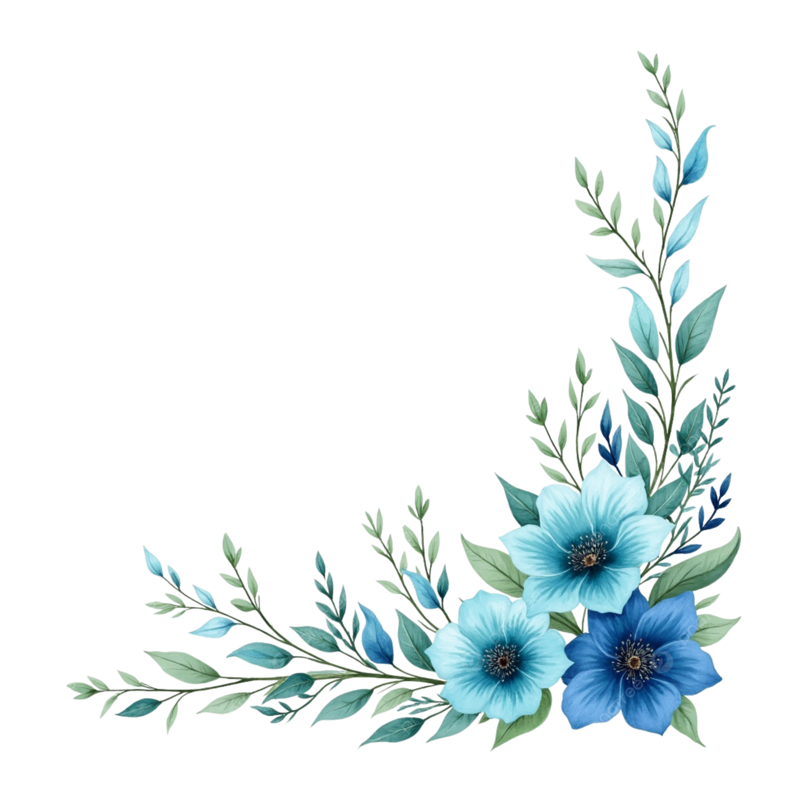 a blue flower border with green leaves