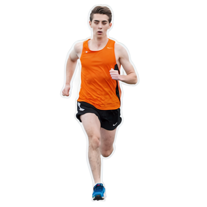 a man running in an orange shirt and black shorts