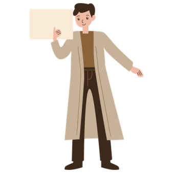 a man in a trench coat holding a sign