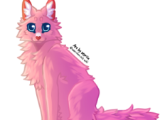 a drawing of a pink cat with blue eyes