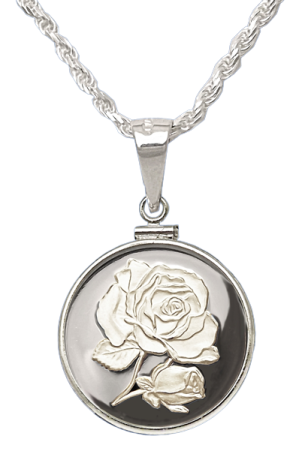 a white rose pendant on a silver chain