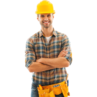 a man wearing a hard hat and holding his arms crossed