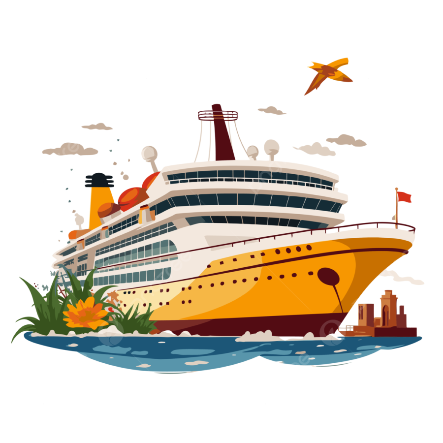 a cruise ship with tropical plants and birds