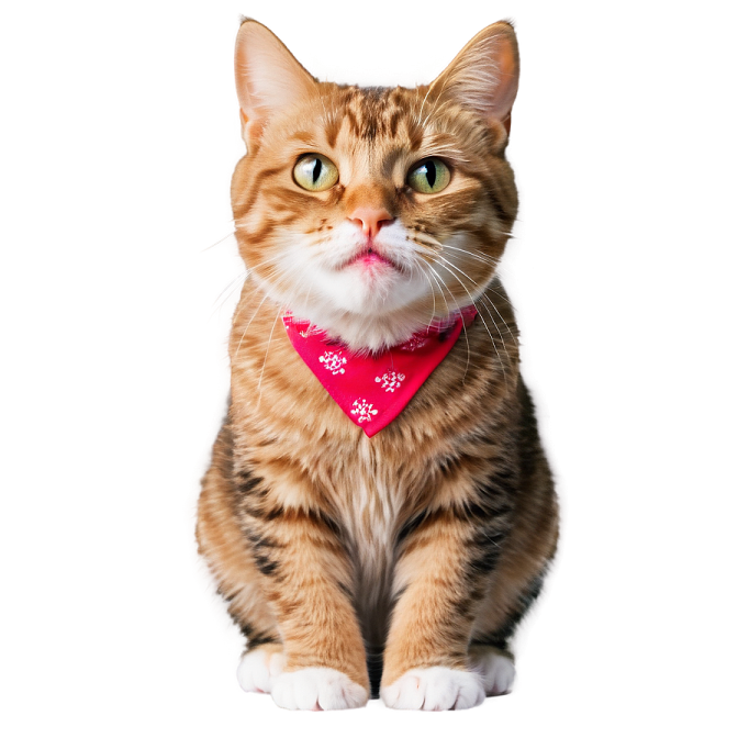 a brown and white cat wearing a pink banda